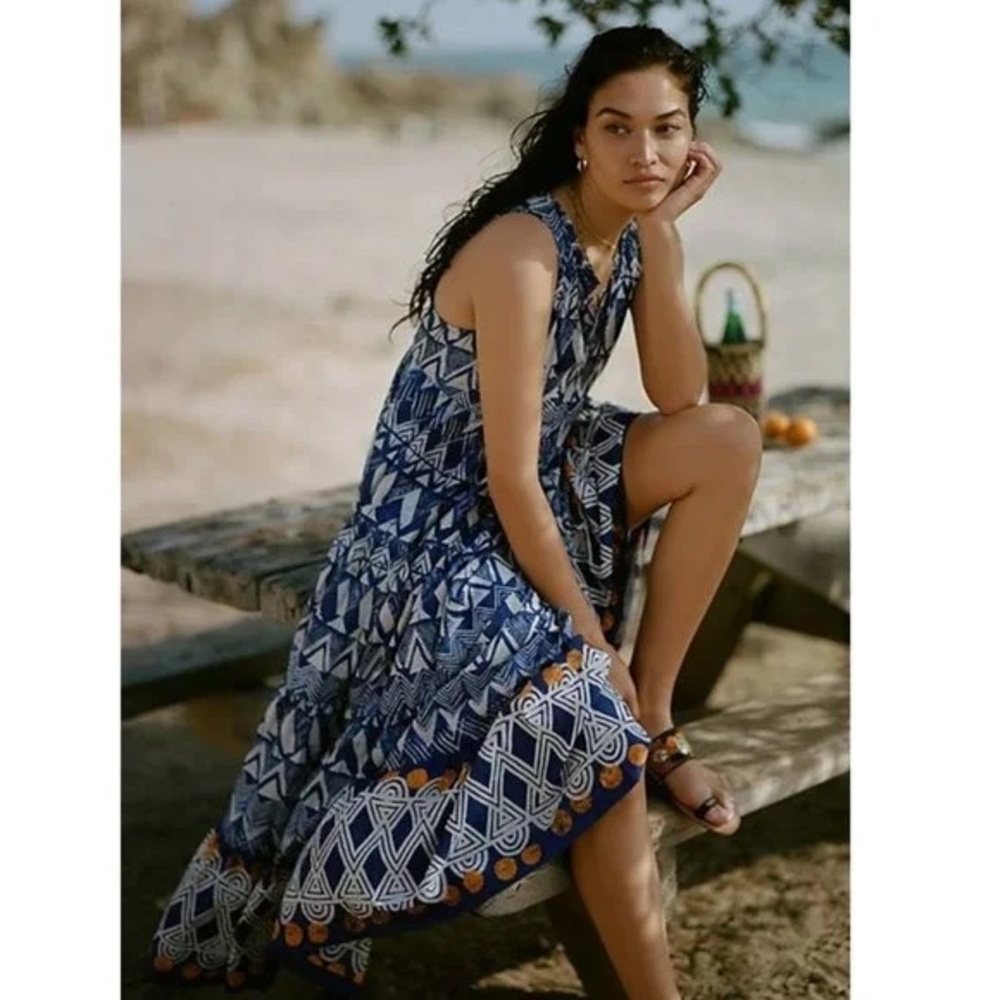 Anthropologie blue abstract tiered maxi dress size XS/S - Picture 3 of 12